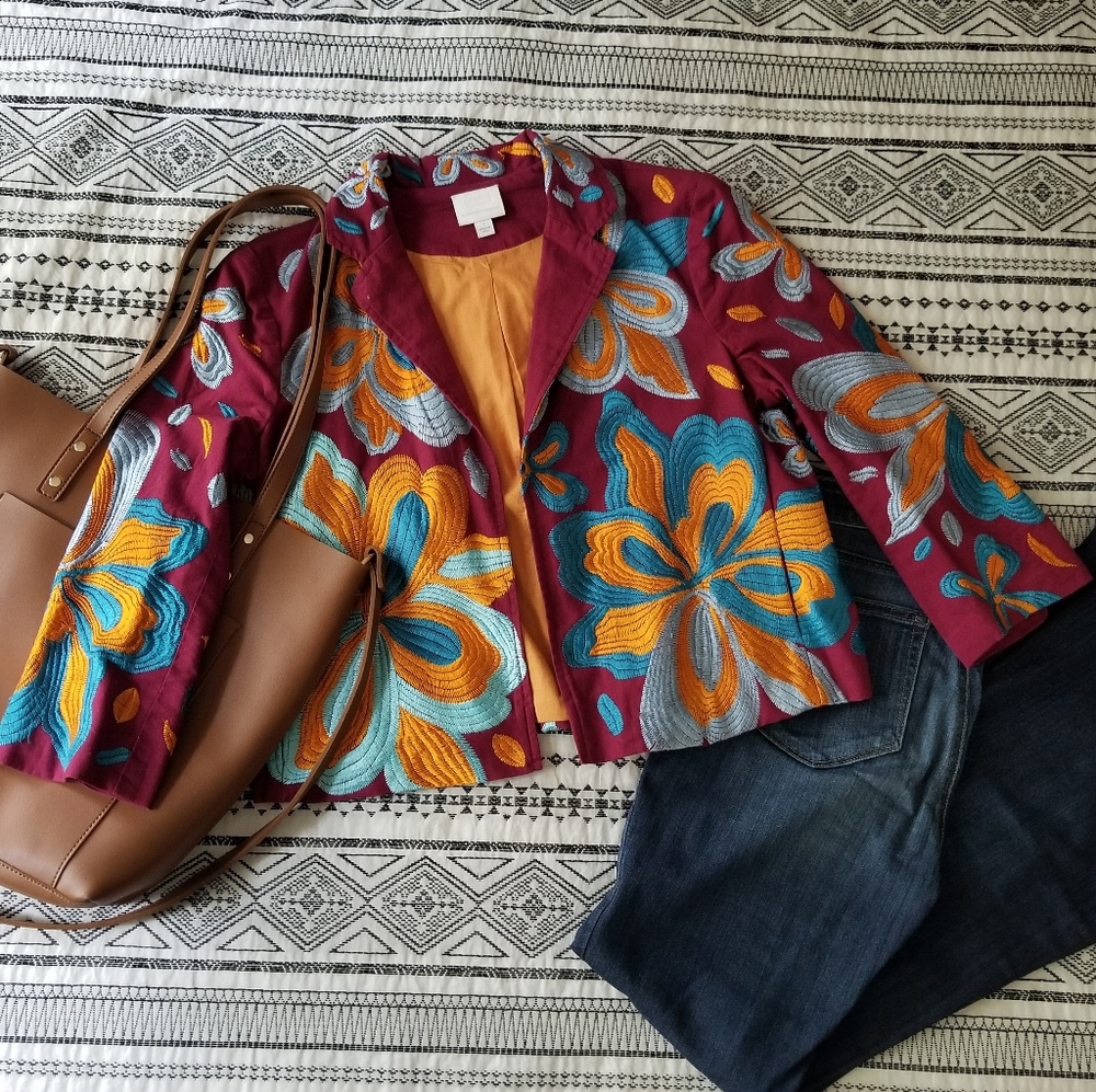 Anthropologie Woodstock Boho Embroidered Floral Blazer Small